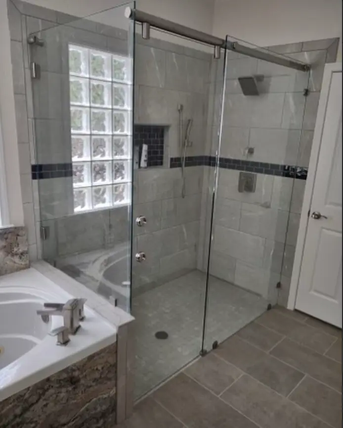Sliding shower doors with glass block