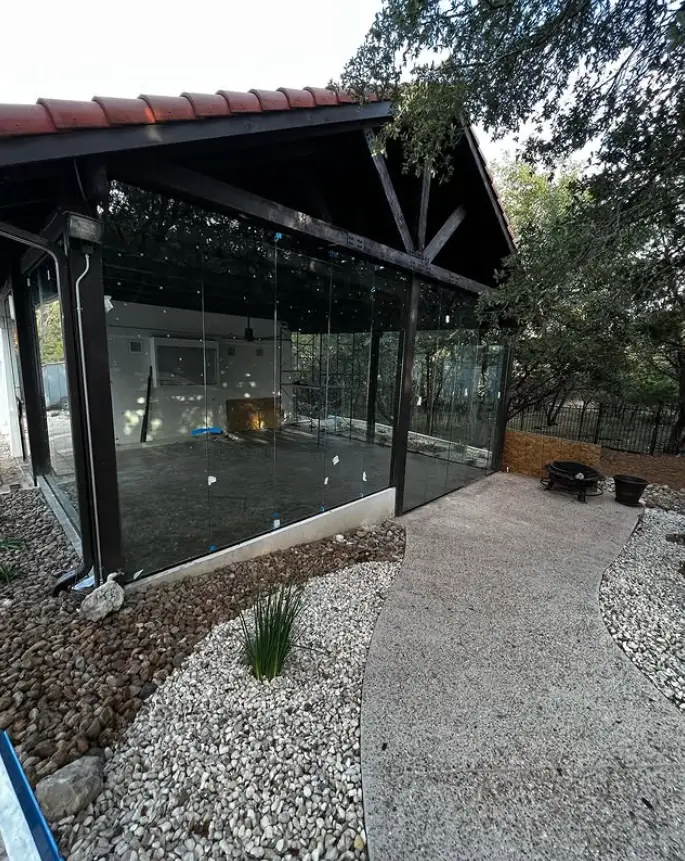 Glass patio doors onto a covered terrace