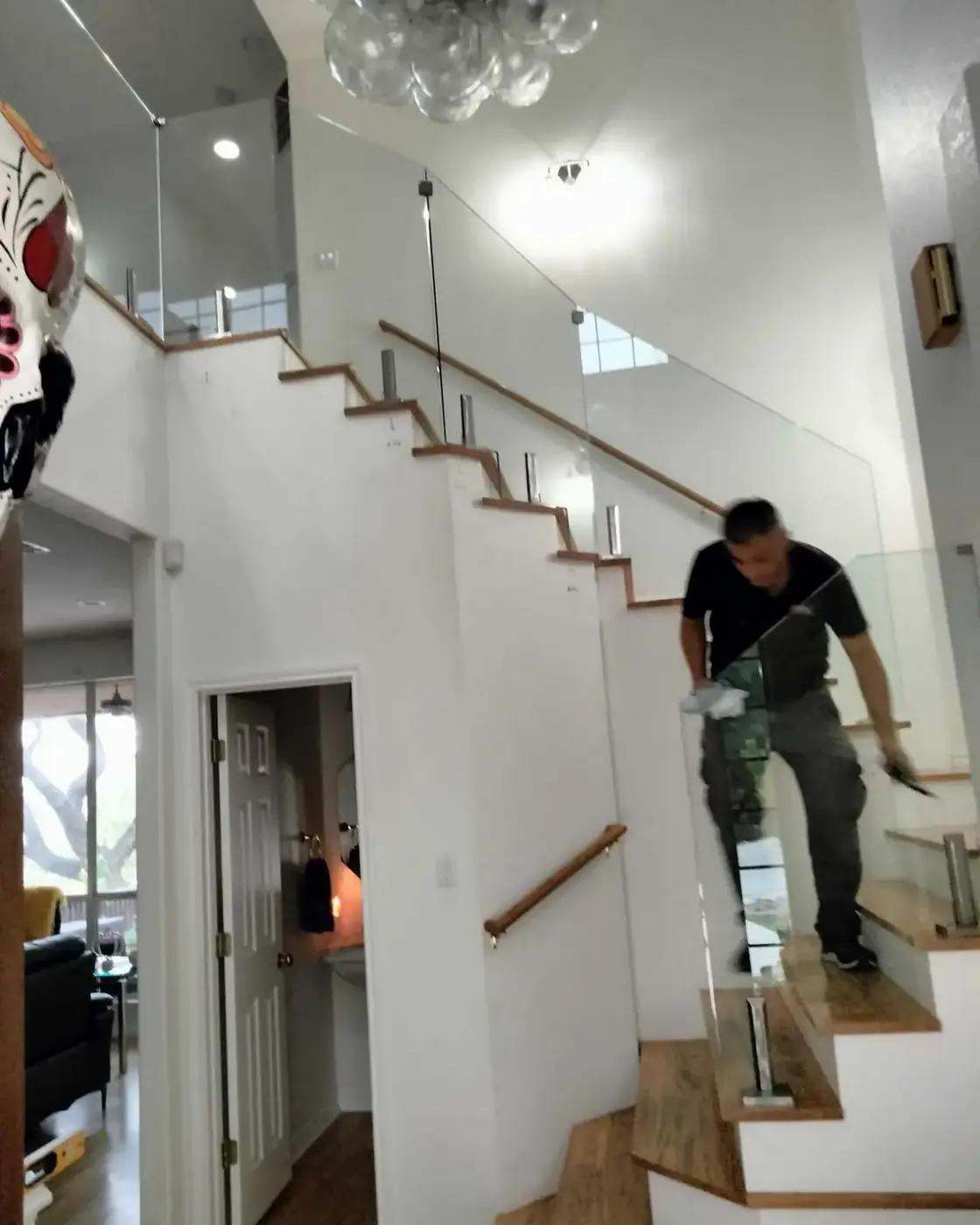 Glass stair railing, full stair run